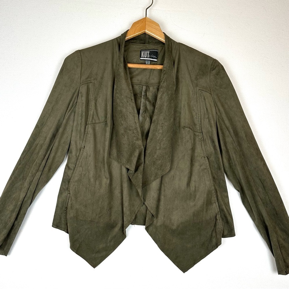Kut from the Kloth Faux Suede Draped Open Front Jacket Blazer Office Career